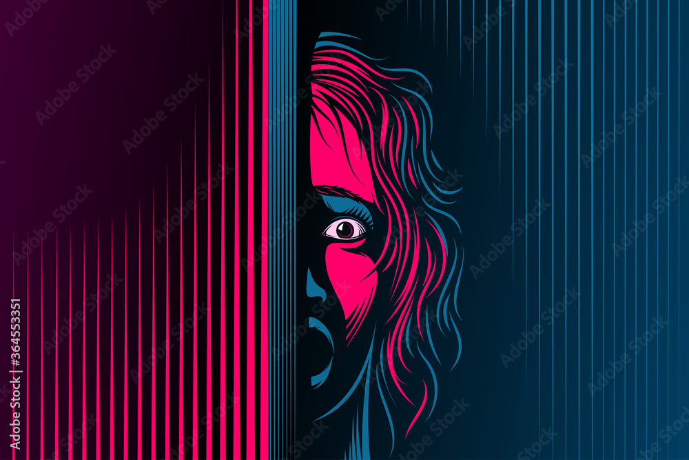 Woman with open mouth, eyes. The emotion of fear, scared on face. Girl is in shock, dumbfounded, stupor, speechless. Victim of domestic violence, abuse. Vector illustration in retro noir comics style