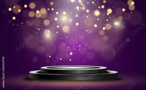 Round podium, pedestal or platform, illuminated by spotlights in the background. Vector illustration. Bright light. Light from above. Advertising place