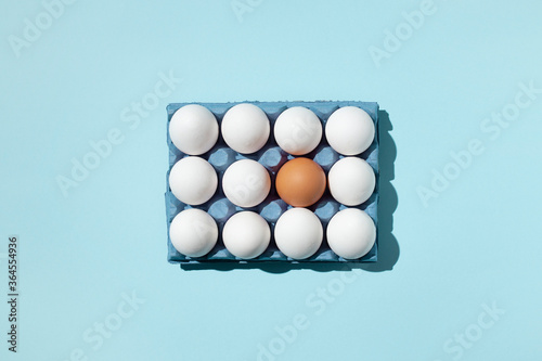Top view of single brown and white eggs placed in paper tray demonstrating concept of difference on blue background in studio