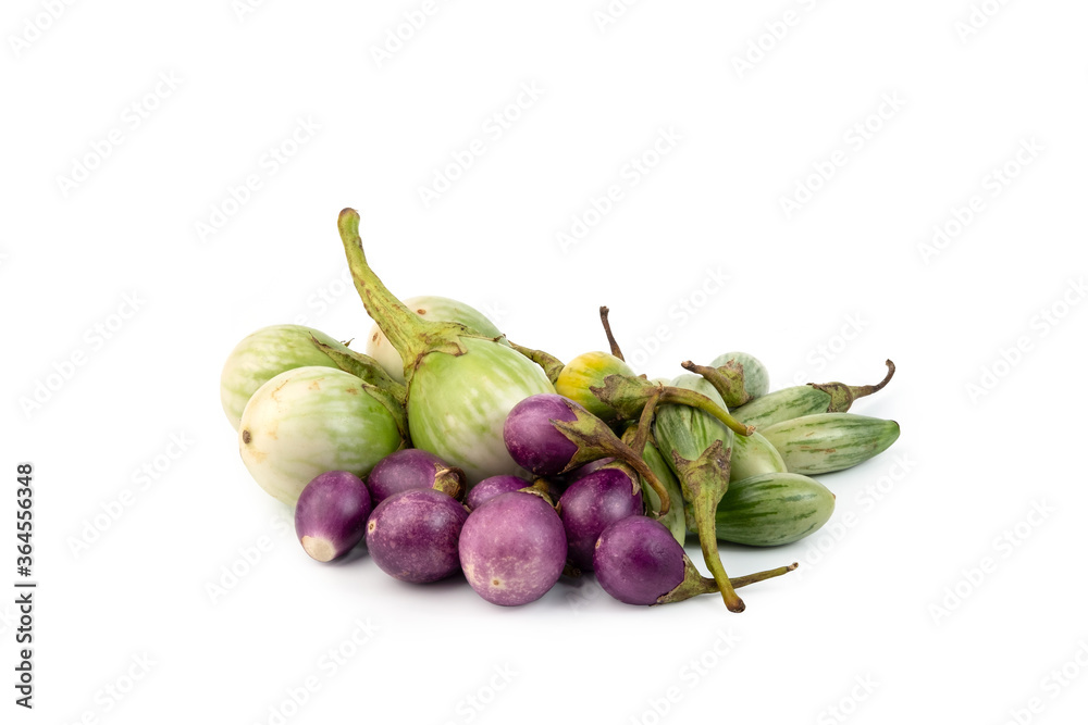 group of Purple and green round eggplant on white background