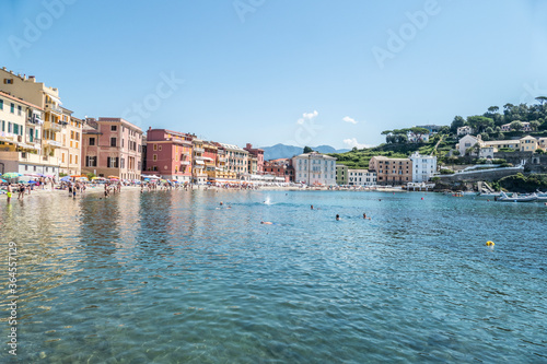 The beach of Silence in Sestri Levante with many colored houses