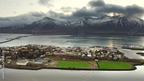 Aerial drone flight over football fields at Reykjavik, Iceland 4k photo