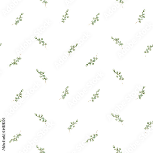 Watercolor sprigs of eucalyptus on a white background  watercolor seamless pattern
