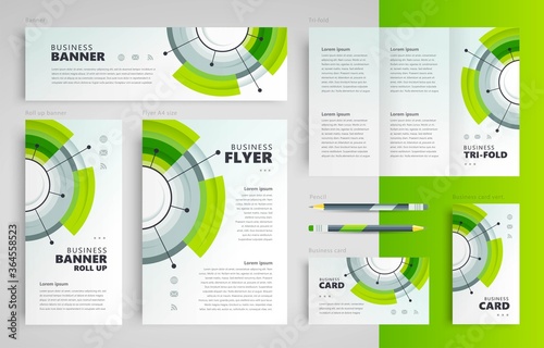 Circles and lines dots future theme green color set flyer cover, tri-fold, banner, roll up banner, business card