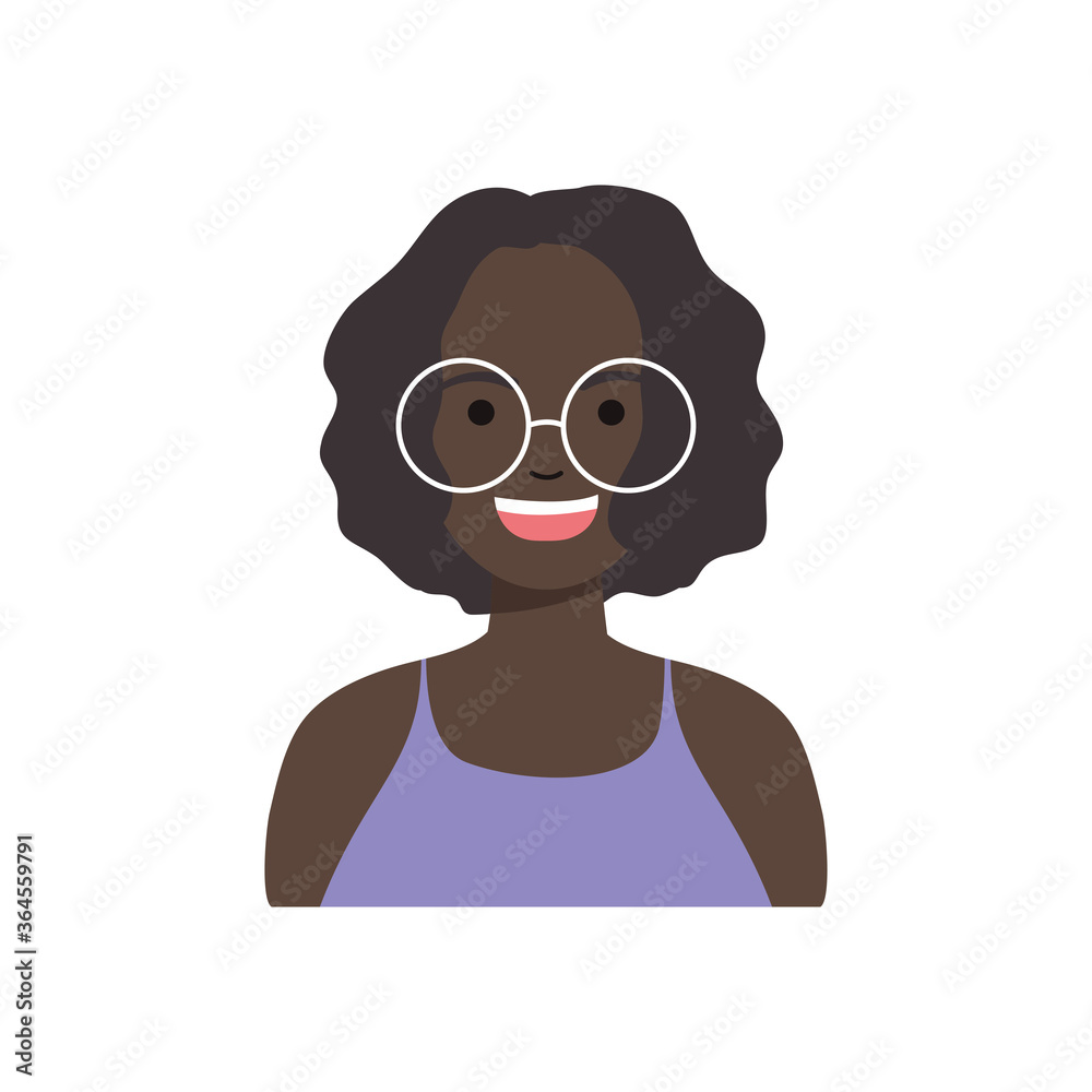 diversity people concept, afro girl smiling wearing round glasses, flat style