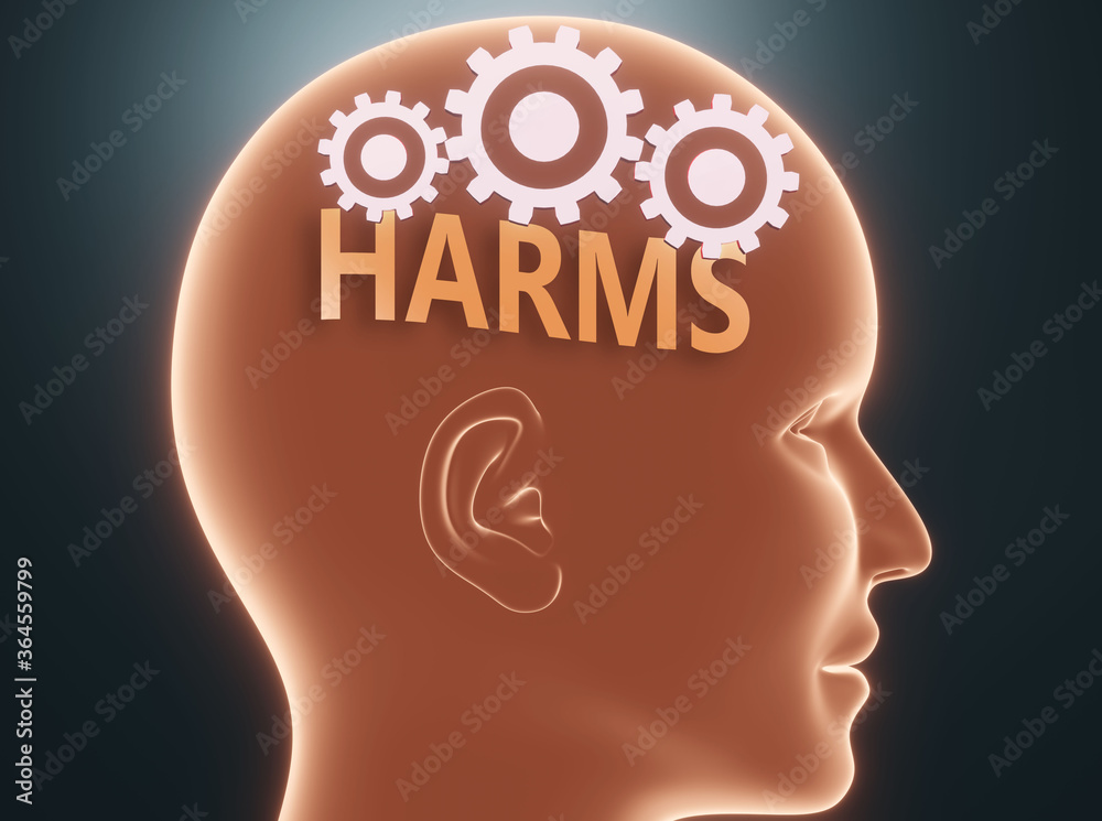 Harms inside human mind - pictured as word Harms inside a head with cogwheels to symbolize that Harms is what people may think about and that it affects their behavior, 3d illustration