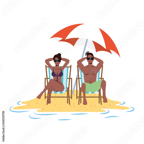 afro couple relaxing on the beach seated in chairs and umbrella