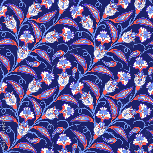 Stylized provance flowers seamless pattern. Decorative oriental floral blue background. Turkish motive