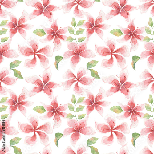 Seamless patterns with pink flowers and leaves. Watercolor painting, summer design, pink lilies on a white background. Design for fabrics, weddings, gifts, postcards.