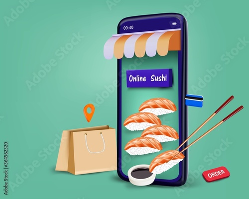 Sushi with sauce and chopsticks in the smartphone application for online sushi order