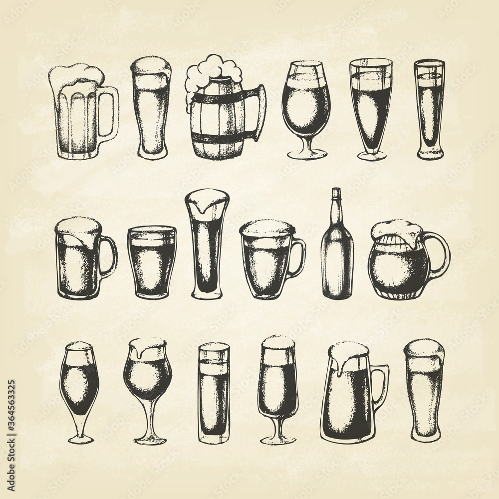 Set of beer mugs. Hand-drawn sketch elements on old paper. Vector illustration.