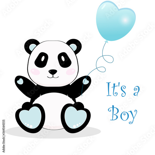 Cute panda bear boy with balloon. It's a boy. Vector cartoon illustration.