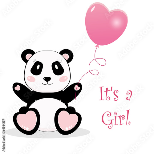 Cute panda bear girl with balloon. It's a girl. Vector  cartoon illustration.