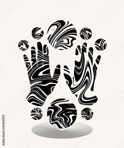 Vector hand drawn illustration of human hands with planets  isolated. Tattoo surreal artwork. Template for card, poster, banner, print for t-shirt, pin, badge, patch.