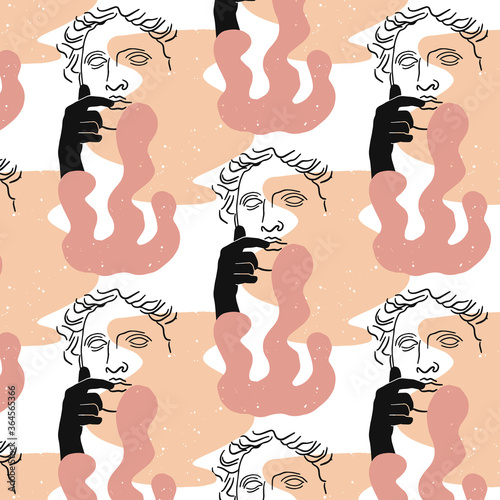 Vector pattern with hand drawn flat  illustration of antique head of Apollo with human hand .   Template for card, poster, banner, print for t-shirt, pin, badge, patch.