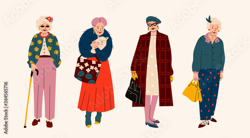 Senior confident Ladies. Different clothing and accessories. Old and mature women standing in trendy clothes. Modern fashion look. Hand drawn Vector illustration. Cartoon style. Every lady is isolated