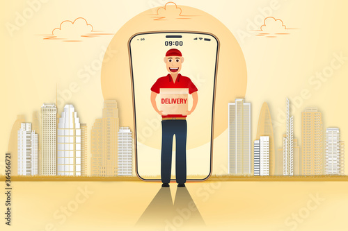 Fast delivery by Courier on mobile. E-commerce online concept. Online food order infographic. Webpage, app design. vector illustration..