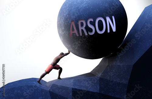 Arson as a problem that makes life harder - symbolized by a person pushing weight with word Arson to show that Arson can be a burden that is hard to carry, 3d illustration