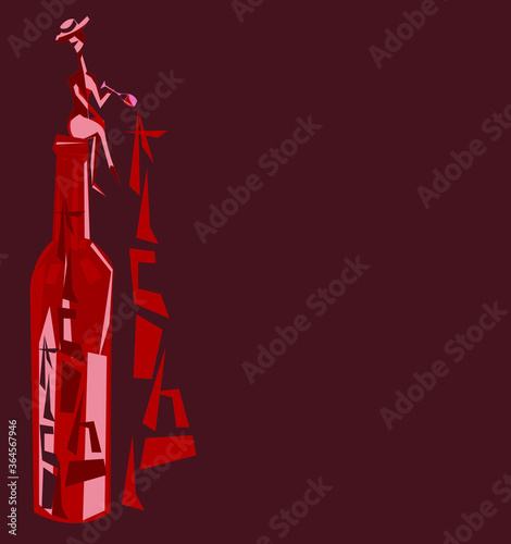 image of a bottle with a lady sitting on the neck with a glass of wine
