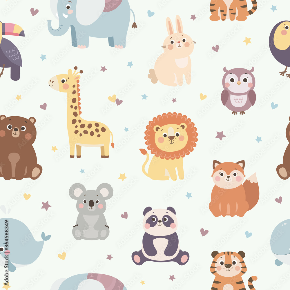 Vector seamless pattern with cute wild animals, colorful kids background
