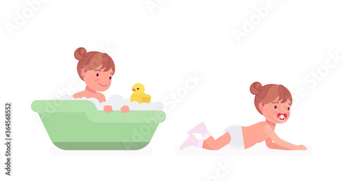 Toddler child, little girl enjoying bath time, crawling. Cute sweet happy healthy baby aged 12 to 36 months with soothie pacifier, wearing diaper. Vector flat style cartoon illustration