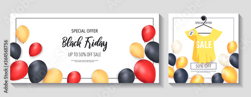 Set of promo sale flyers for Black friday. Shopping, Clothing store, Supermarket, Order online, Sale concept. Vector illustration for poster, banner, flyer, advertising, promo, commercial.