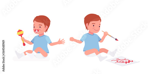 Toddler child, little boy playing with rattle toy, drawing. Cute sweet happy healthy baby aged 12 to 36 months with soothie pacifier, wearing diaper. Vector flat style cartoon illustration