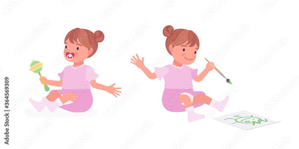 Toddler child, little girl playing with rattle toy, drawing. Cute sweet happy healthy baby aged 12 to 36 months with soothie pacifier, wearing pretty pink dress. Vector flat style cartoon illustration Toddler child, little girl playing with rattle toy, drawing. Cute sweet happy healthy baby aged 12 to 36 months with soothie pacifier, wearing pretty pink dress. Vector flat style cartoon illustration