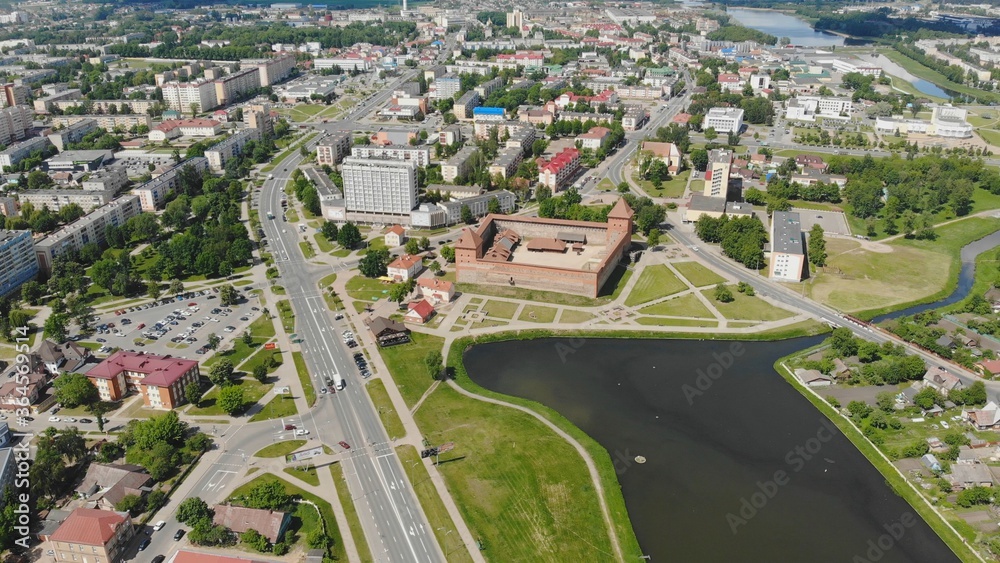 Aerial panorama of the historic city of Lida with a castle. Belarus.