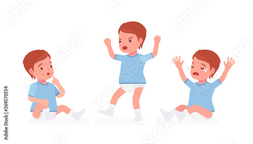 Toddler child, little boy expressing different emotions. Cute sweet happy and sad healthy baby aged 12 to 36 months wearing blue tee shirt and diaper. Vector flat style cartoon illustration