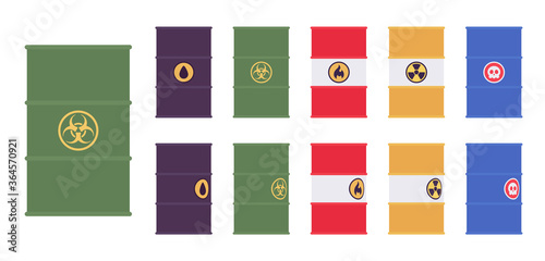 Barrel set bright collection. Steel tight head drums with warning sticker signs, biohazard waste, oil transporting containers. Vector flat style cartoon illustration, different colors, front view