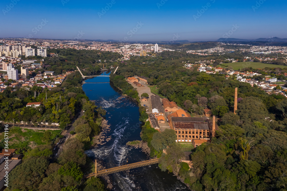Piracicaba river seen from above with city in the background, Sao Paulo, Brazil
