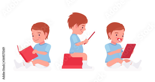 Toddler child, little boy on potty sitting with book, tablet. Cute sweet happy healthy baby aged 12 to 36 months wearing blue tee shirt and diaper. Vector flat style cartoon illustration