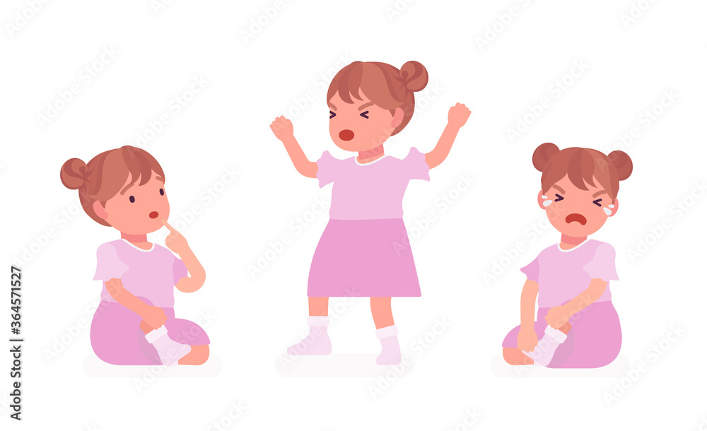 Toddler child, little girl expressing different emotions, crying in tears. Cute sweet happy and sad healthy baby aged 12 to 36 months wearing pretty pink dress. Vector flat style cartoon illustration Toddler child, little girl expressing different emotions, crying in tears. Cute sweet happy and sad healthy baby aged 12 to 36 months wearing pretty pink dress. Vector flat style cartoon illustration