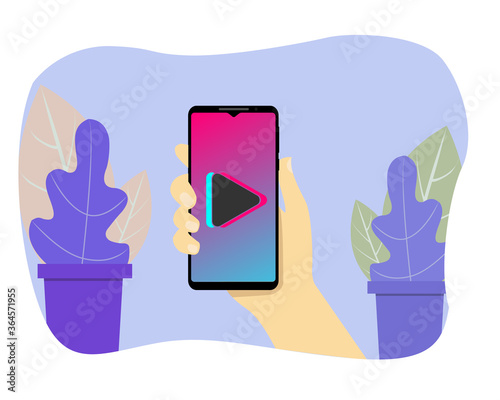 Hand holds phone. Popular social network on smartphone screen. Watch cool videos. Social media addiction. Vector illustration in flat design.