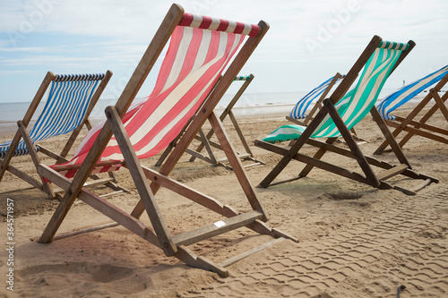 Sun loungers out for hire on Mablethorpe beach. © Thomas