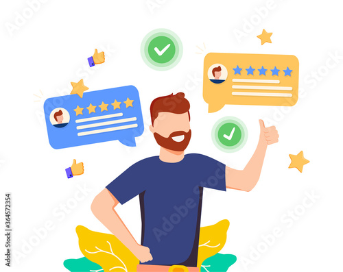 a person leaves a good online review for a product or service. vector illustration design graphics for the site section