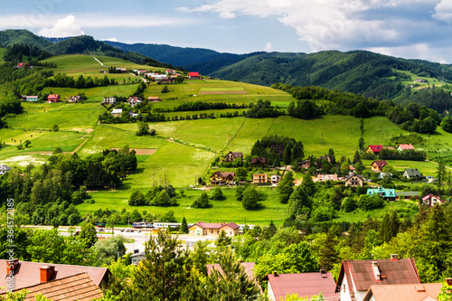 Fototapeta Naklejka Na Ścianę i Meble -  View of Polish town Rytro from Beskidy Mountains (Beskid Sadecki). Beskid Sadecki is a part of Karpaty (Carpathian mountains). Europe