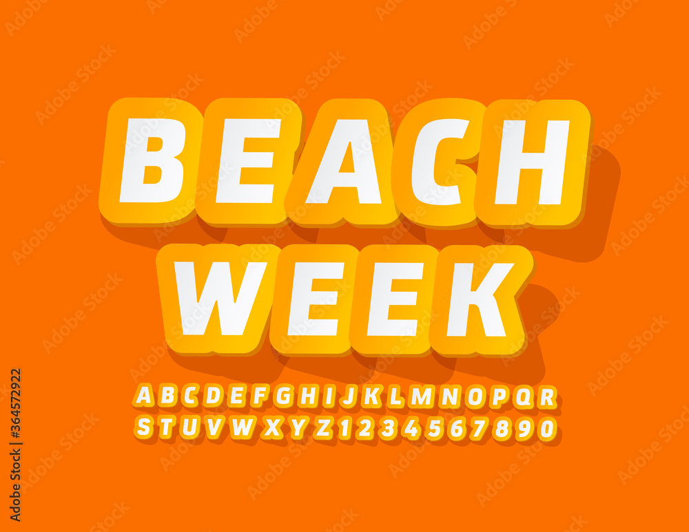 Vector holiday banner Beach Week with Yellow sticker Font. Sunny Alphabet Letters and Numbers