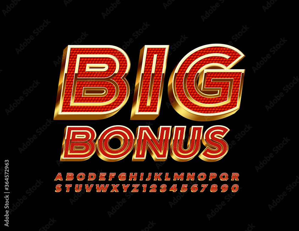 Vector luxury banner Big Bonus. 3D Red and Gold Font. Elite Business Alphabet Letters and Numbers