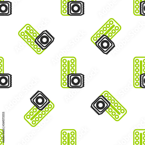 Line Packaging of birth control pills and condom in package safe sex icon isolated seamless pattern on white background. Contraceptive pill. Vector Illustration.