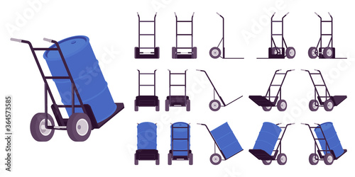 Hand truck black set with barrel. Industrial tool for manual moving boxes or unloading cargo, heavy lifting, easy transport service and storage. Vector flat style cartoon illustration, different views