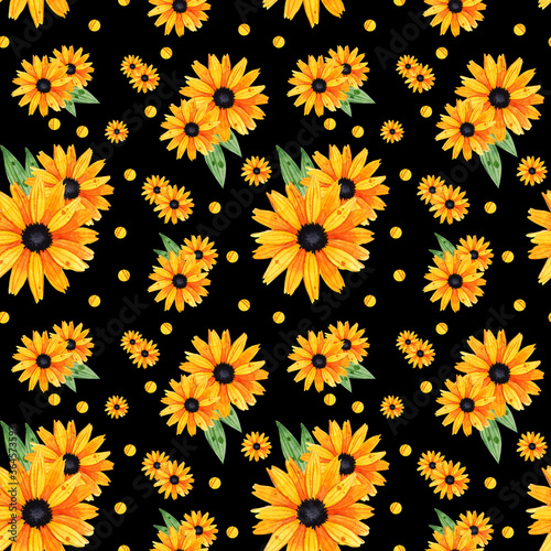 Seamless pattern with vintage yellow-orange flowers, green leaves and yellow polka dots on black background
