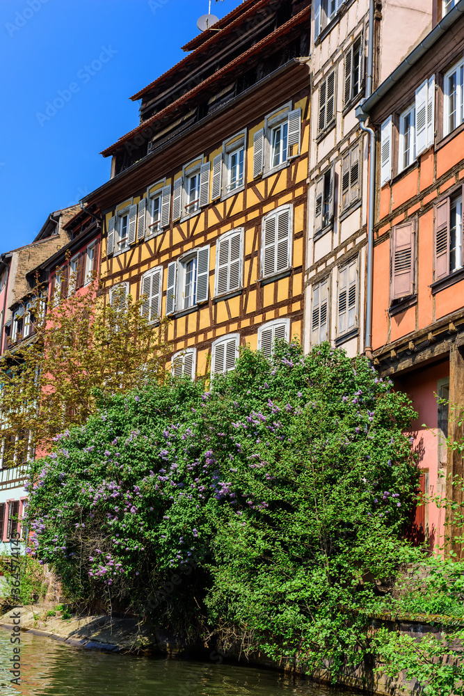 Canal side view of medieval architecture of Strasbourg