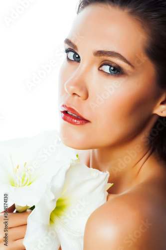 young pretty woman with Amarilis flower closeup isolated on white macro