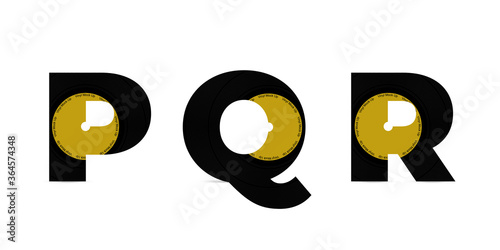 Abstract black vinyl disc modern alphabet font. Typography disco music letter design. Creative retro abc letter P, Q, R. Vector illustraion