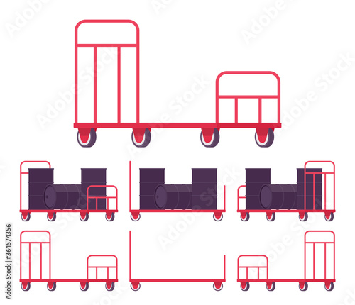 Push cart cargo red trolley set, hand moving platform. Dolly for heavy items transportation, warehouse or factory easy storage and departure. Vector flat style cartoon illustration, different views