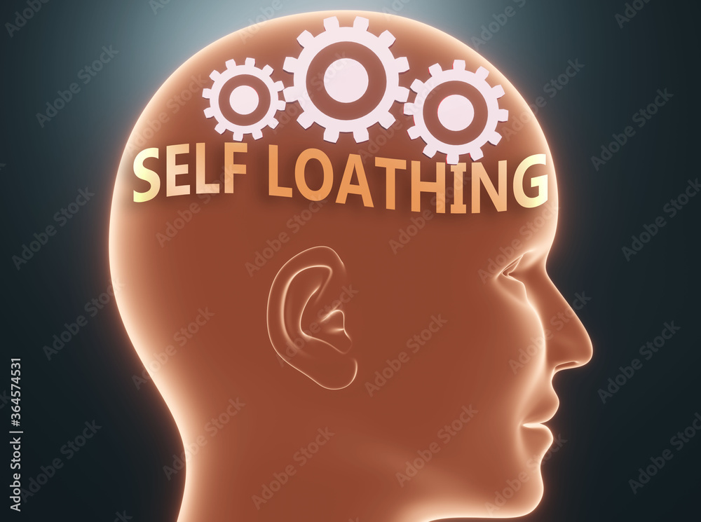 Self loathing inside human mind - pictured as word Self loathing inside a head with cogwheels to symbolize that Self loathing is what people may think about, 3d illustration Self loathing inside human mind - pictured as word Self loathing inside a head with cogwheels to symbolize that Self loathing is what people may think about, 3d illustration