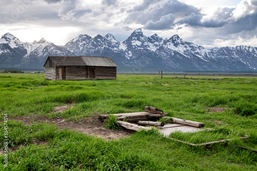 Mormon Row in Jackson Hole, Wyoming on a partially cloudy day