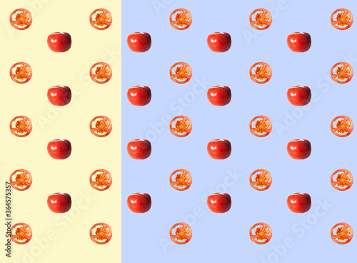 Pattern of fresh fruits slices on pastel background from top view.